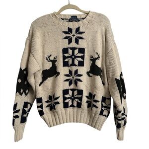 Vintage Chaps Ralph Lauren Hand-Knit Fair Isle Reindeer Sweater M Linen Cotton